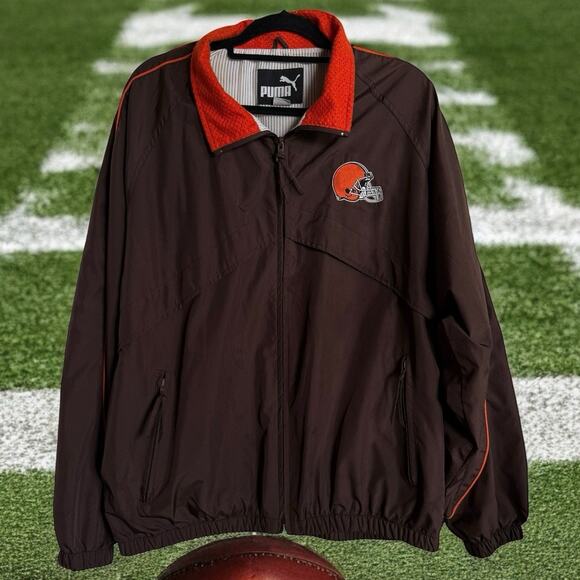 VTG Cleveland Browns Puma NFL Brown Spell Out Full Zip Windbreaker Track Jacket - Picture 2 of 9